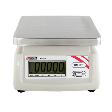 Compact splashproof digital weighing scale with LED display and stainless pan