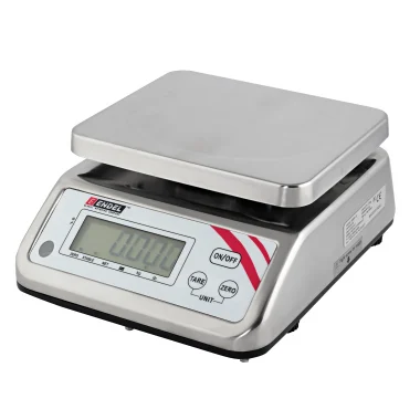 Water resistant digital weighing scale with stainless steel pan, bright display, and portable design