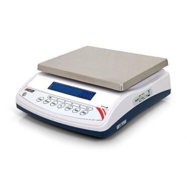 Tabletop digital weighing scale with stainless steel pan and LCD display