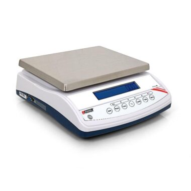 Tabletop digital weighing scale with stainless steel pan and LCD display