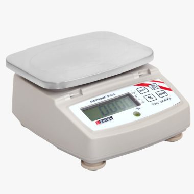 Compact tabletop weighing scale with stainless steel platter, green LED display, and multi-unit weighing options